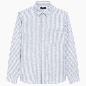 Theory 100% Linen Blue and White Striped Casual Button Down Shirt. XL